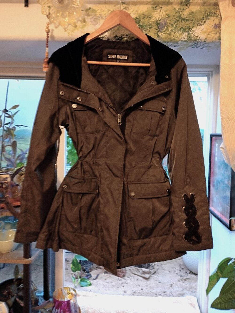 Steve Madden Olive Green Utility Anorak Jacket with Velvet Lace-Up